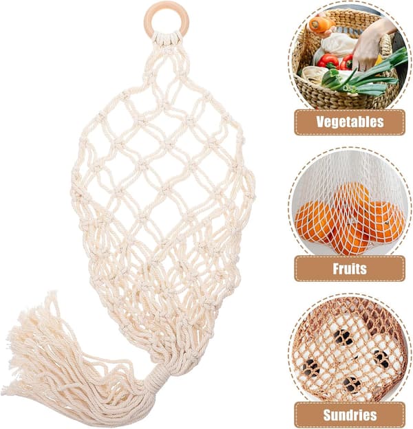 Hängande förvaringskorg för frukt och grönsaker, handvävd i bomullsrep, modern och elegant design