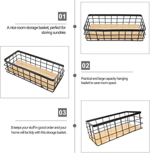 Hängande förvaringskorg väggmonterad design i järn och trä