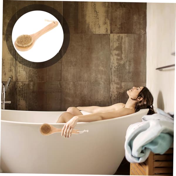 Bruserbørste med vildsvinehår til badet, eksfolierende massage, badebørste med træskaft, bløde børstehår til rengøring i bruseren