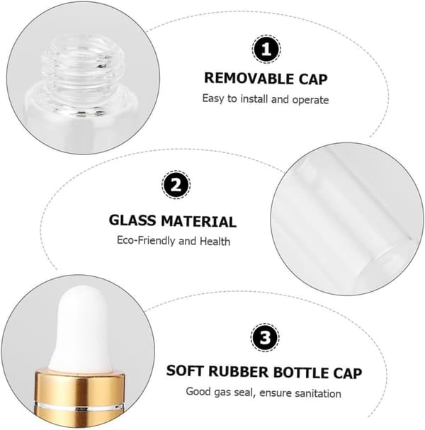 50 st. små eteriska oljeflaskor i glas, droppflaskor för förpackning, researtiklar och ompackningsbehov