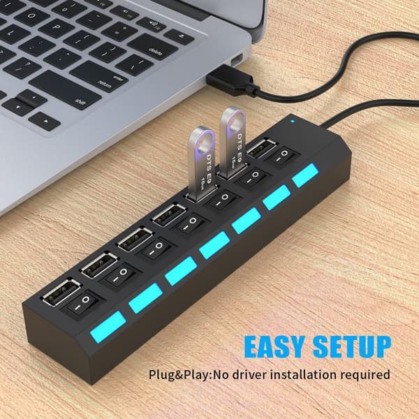 7-portars USB 2.0-hubb med oberoende LED-brytare, 5 Gbps dataöverföring, universell USB-förlängningskabel för bärbar dator, PC