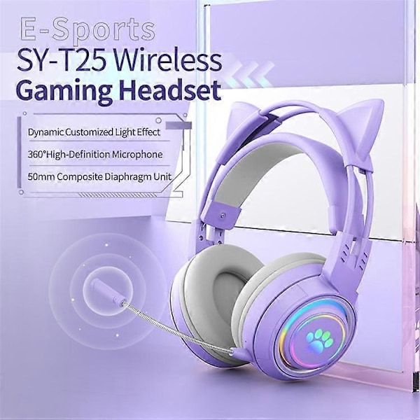 T25 Søte Katteører Hodetelefoner RGB-belysning Bluetooth Trådløst Headset med Avtakbar Mikrofon Purple