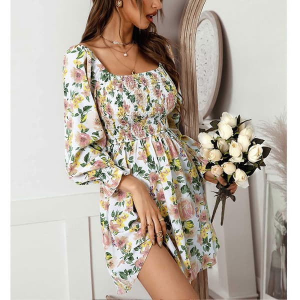 Blommig Rynkad Off Shoulder Klänning Trendig Elastisk Stretchig Elegant Klänning för Kvinnor