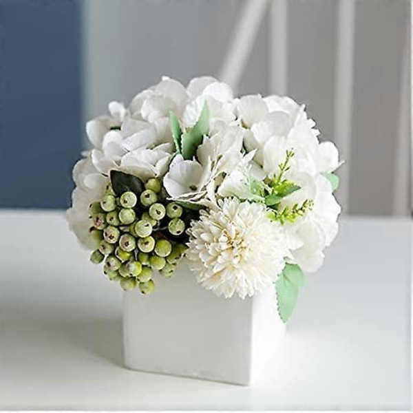 Blomst i keramisk vase, kunstig hortensia blomsterarrangement og vase boligdekoration kunstig blomst (hvid)