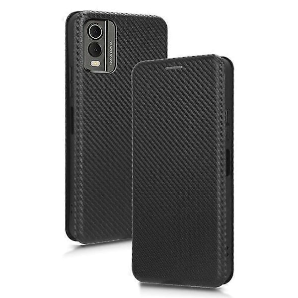 Kompatibelt för Nokia C32 PU Läder Kolfibertextur Fodral Kortfack Ställ Mobilskal Black