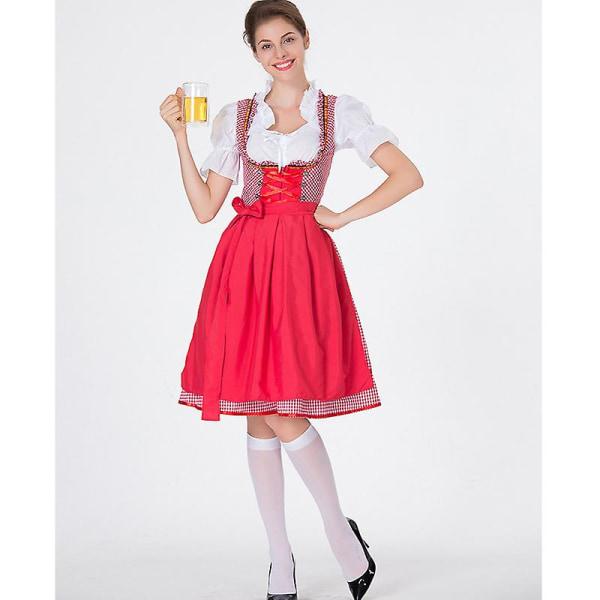 Perinteinen Dirndl Oktoberfest -asu Beerfest Pubien ruudullinen mekko Esiliina Cosplay Carnival Halloween -juhlamekko Pink L