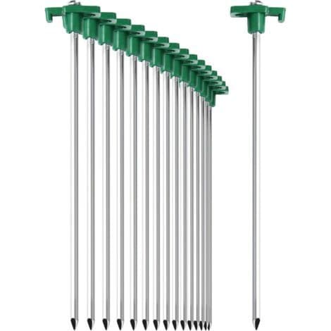 16 teltplugger, kraftig stål 25 cm, plasthode, for camping og hardt underlag