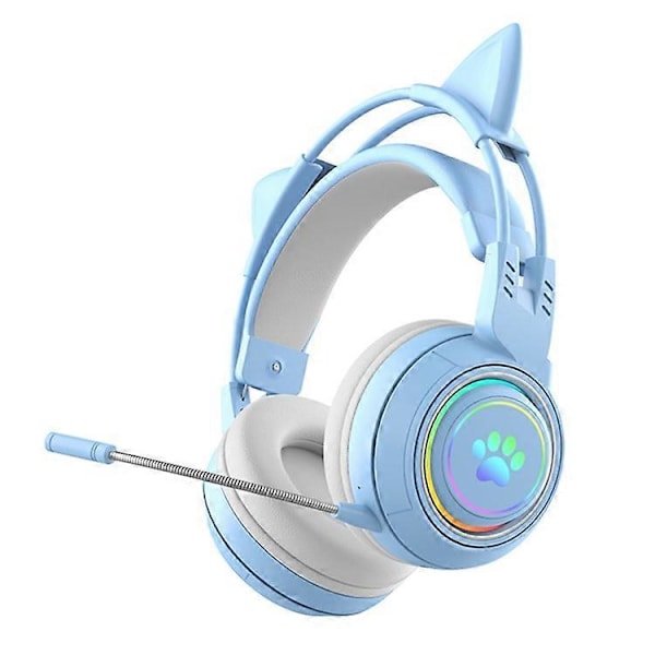 T25 Søte Katteører Hodetelefoner RGB-belysning Bluetooth Trådløst Headset med Avtakbar Mikrofon Blue