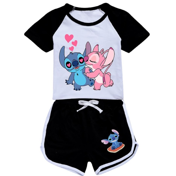 Lilo Ja Stitch Pyjamasetti Set Lasten Lyhythihainen T-paita Yöpuvut Pyjamat Sarjakuva Lilo Stitch Kids Cos Urheiluasut 2-3T(100) 2076black