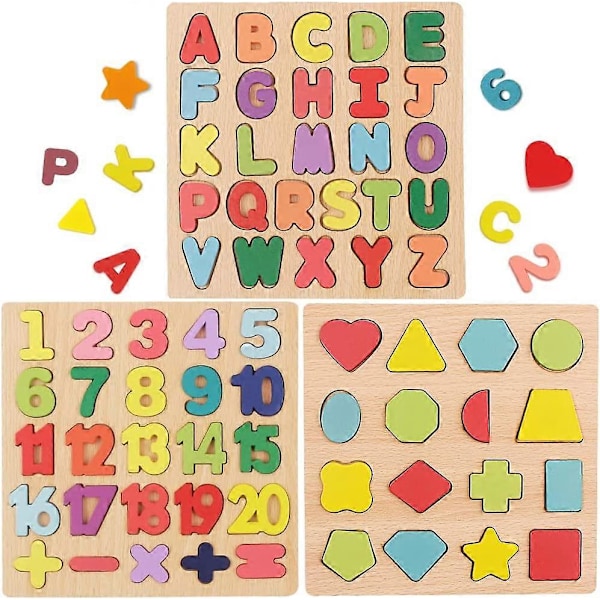 Träpussel för småbarn, 3-pack Trä ABC Alfabet Nummer Form Pussel Småbarn Lärande Pusselleksaker för Barn 3-6 År Gamla Pojkar & Flickor, Förskola
