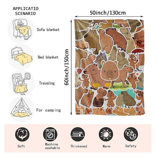 Capybara-filt Rolig Söt Capybara-djurfilt Mjuk flanell Mysiga slänger Lätt silkeslen Capybara-filt för resesäng 130x150cm