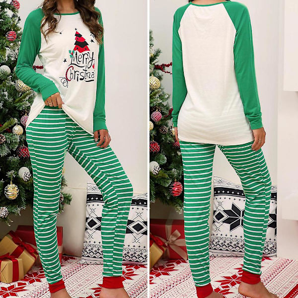 Naisten set Joulukuvioidut pitkähihaiset Topit Printed housut Pyjamat Lounge Wear Green M