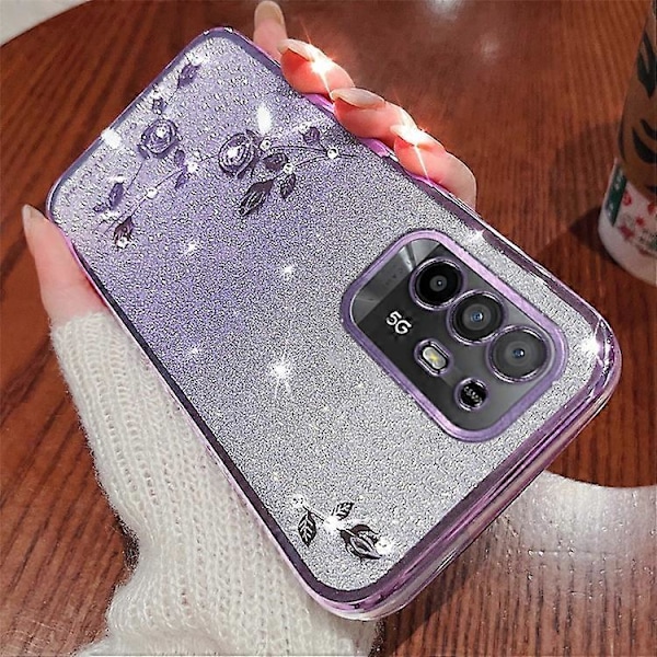 KADEM Yhteensopiva Oppo A95 5G / F19 Pro+ 5G / Reno5 Z / A94 5G TPU Naarmuuntumaton Suojakuori Strassikukka Glitter Liukuväri Puhelin Purple