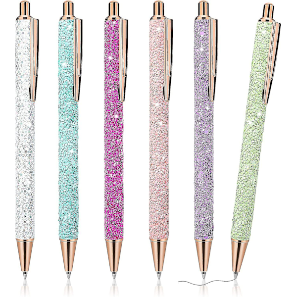 6 stk. Bling Glitrende Metal Kuglepenne, Udtrækkelige Kuglepenne Søde Glitter 1.0mm Sort Blæk Fin Spids Gave Skrivning Journalisering Studerende Lærere Tegning G