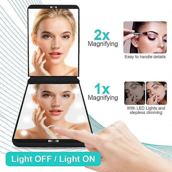 Kompakti peili - 1x/2x Suurennus Luonnonvaloa jäljittelevä LED, Himmennettävä 8 LED-valoa Kannettava Kokoontaitettava Matkapeili Taskuun, Laukkuun, Lahjaksi - musta