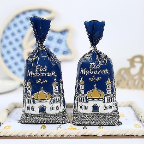 100 st Eid Mubarak Presentpåsar, Blå Guld Ramadan Tema Tryckta Eid Mubarak Kalaspåsar Med Snören