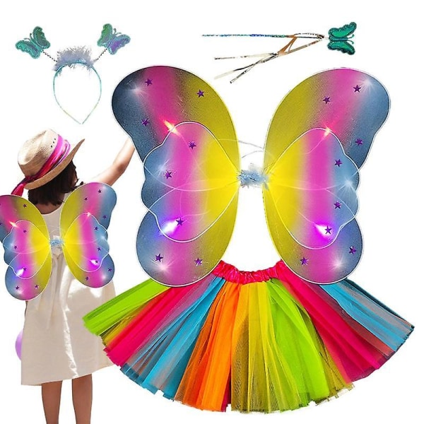 Fairy Wings tytöille Butterfly Wand Cosplay-asusteet valoilla 4 kpl Mekkokeijujen siivet pienille tytöille Tyttöasut Colorful  pink edge