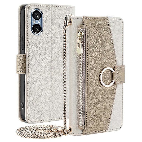 Kompatibel med Sony Xperia 5 V Lommebok PU Lær Crossbody Telefondeksel med Sminkespeil White
