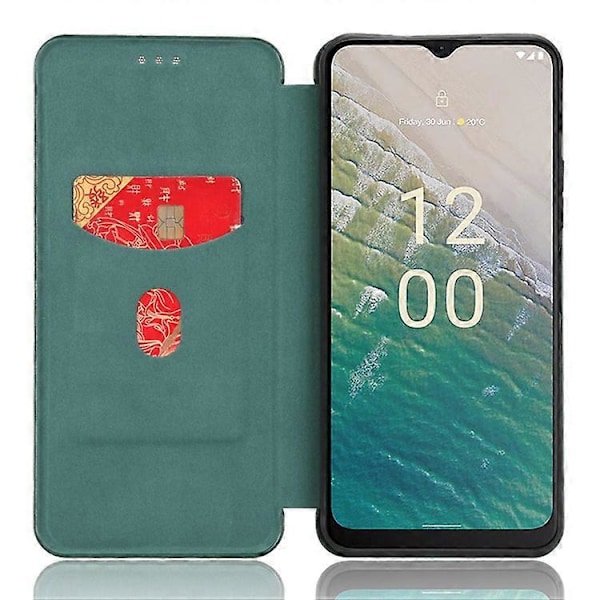 Kompatibelt för Nokia C32 PU Läder Kolfibertextur Fodral Kortfack Ställ Mobilskal Green