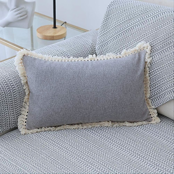 Pudebetræk i bomuld og hør i landlig stil med kvaster, dekorative lændepuder, pudebetræk til sofa, soveværelse, bil (grå 03, 30x50 cm)