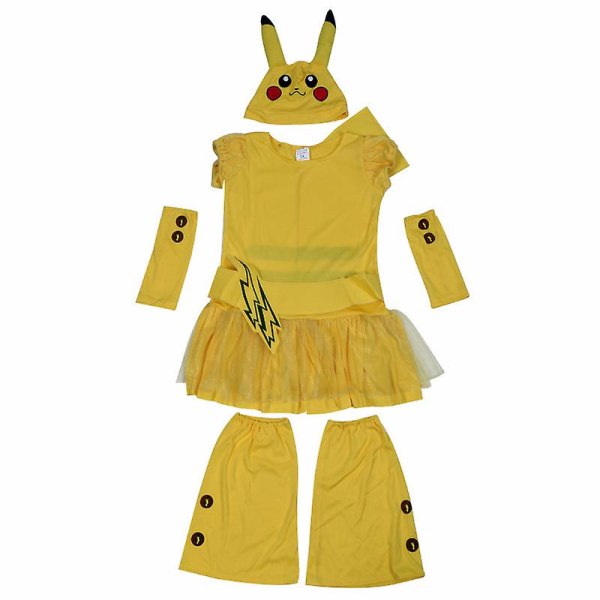 2023 Halloween Party Söt Cosplay Barn Pikachu Gul Klänning Hatt Handledsrem Fotband Set För tjej Cosplay Kostymer L
