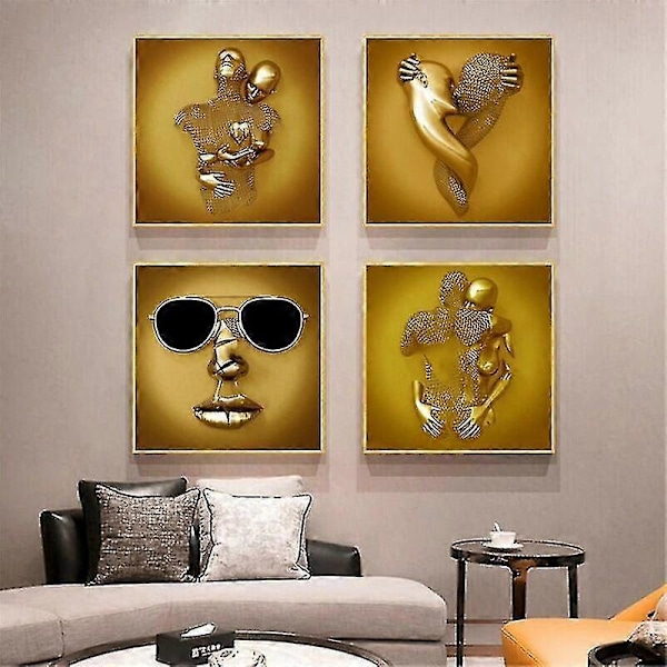 Kärlekshjärta 3D-effekt Väggkonst Abstrakt Metallskulptur Canvas Modern Målning Väggdekor 3040cm Guld--ZZY