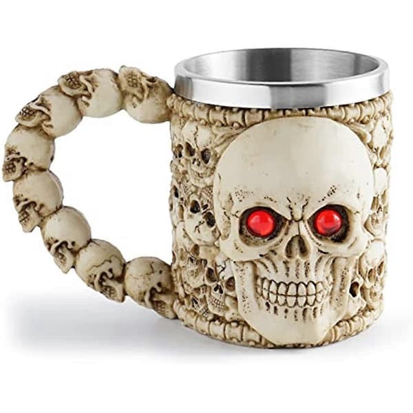Hawgeylea Viking Skull Mugs 450 ml rostfritt stål innerkopp Ölsejdel Kopp 3D Skull Mugg Kopp Vikingpresenter för män Kaffe Te Vatten Drickskopp för