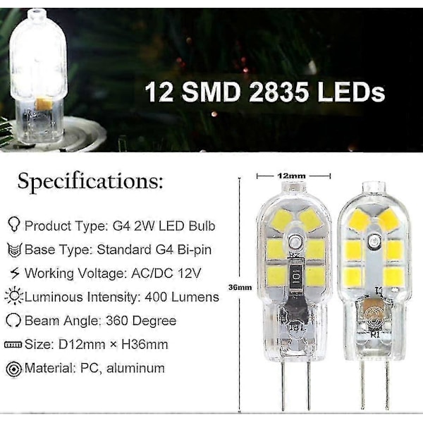 10-pakkauksen G4 2W LED-lamppu liesihuuvan valaisimille, AC/DC 12V, 20W halogeeni-lampun vastine, 200lm, kaksipinninen kirkkaalla PVC-suojalla, kylmä valkoinen 6000K, ei himmennettävä