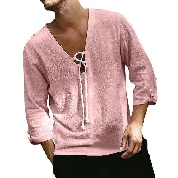 Mens sommar V-ringad spetsskjortor Casual Holiday Solid Shirts T-tröjor Pink 2XL