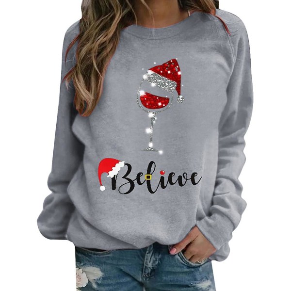 Jul Kvinnor Långärmad T-shirt med print Xmas Casual Lös Sweatshirt Skjortor Rundringad Blus Pullover Jumper Toppar Gray 3XL