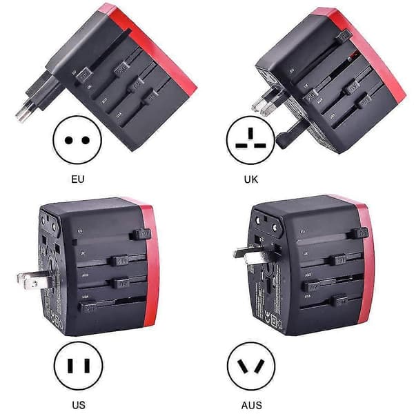 Universal Rejseadapter, internationalt Universalstik med 4 i 1 USB, sort
