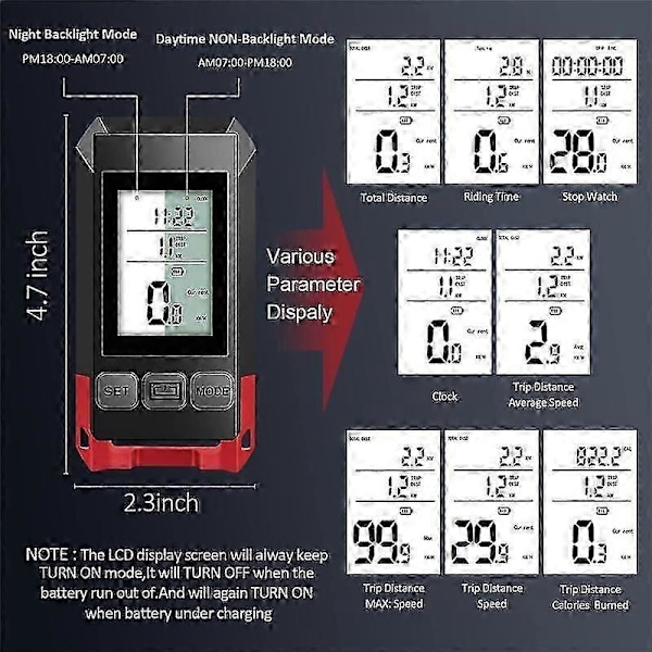 4 i 1 Cykellygte med LCD Display Speedometer og Horn USB Genopladelig Cykelcomputer til Udendørs Cykling-D