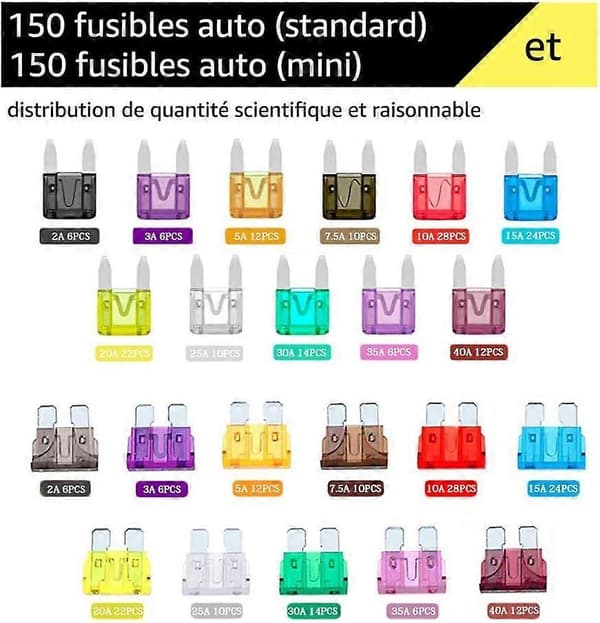 Set 150x bilsäkringar, 2A 3A 5A 7,5A 10A 15A 20A 25A 30A 35A 40A, Klämma, Multicolor