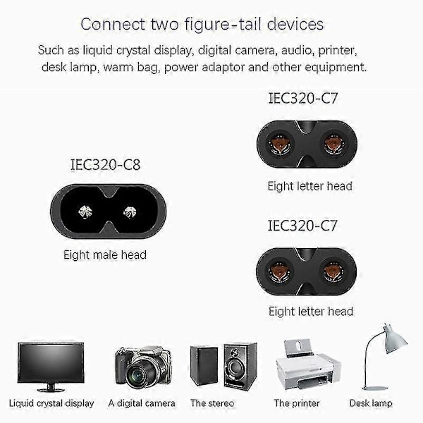 Iec320 C8 Til 2x C7 Y Split AC Strømkabel, 1 Ind 2 Ud AC Strømkabel