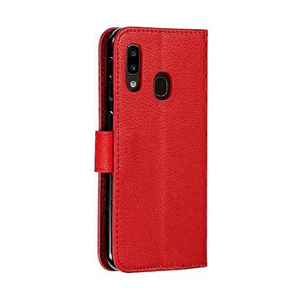 Litchi Tekstur Præget Fjer Læder Telefon Cover med Wallet Stand Kompatibel til Samsung Galaxy A20e Red