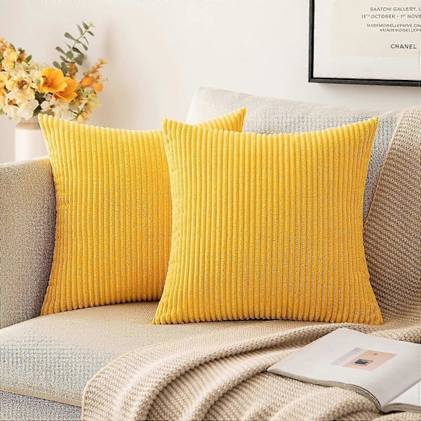 2-pack Corduroy Mjuka Enfärgade Dekorativa Fyrkantiga Prydnadskuddar Överdrag Set Kuddfodral Örngott för Soffa Sovrum Soffhörna 61 x 61 cm Gyllengul