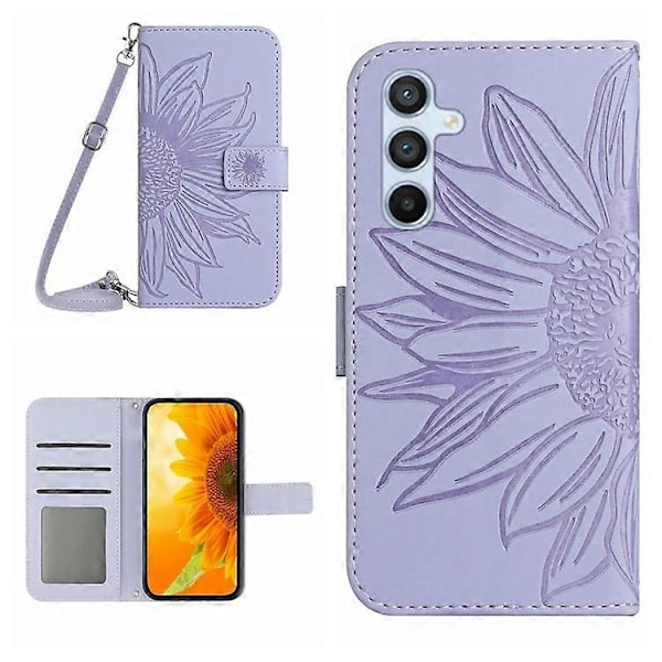 HT04 Nahkalompakkokotelo Yhteensopiva Samsung Galaxy A05s 4G -puhelimelle, Kukkakuvioinen puhelinkuori olkahihnalla LightPurple