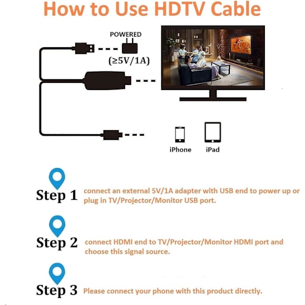 Lightning till HDMI-kabeladapter Kompatibel med iPhone, 1080p Digital Synkroniseringsskärm Ljud & Video Adapter