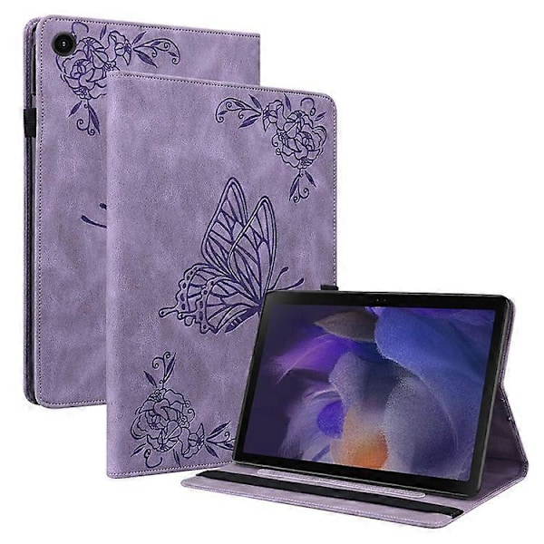 Kompatibelt Läderfodral för Samsung Galaxy Tab A9 med Fjärilsblommor Tryck Tablet Skydd Purple