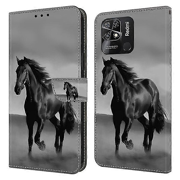 Kuvioitu nahkakotelo yhteensopiva Xiaomi Redmi 10C 4G -puhelimen kanssa, pudotussuojattu lompakkokotelo Black
