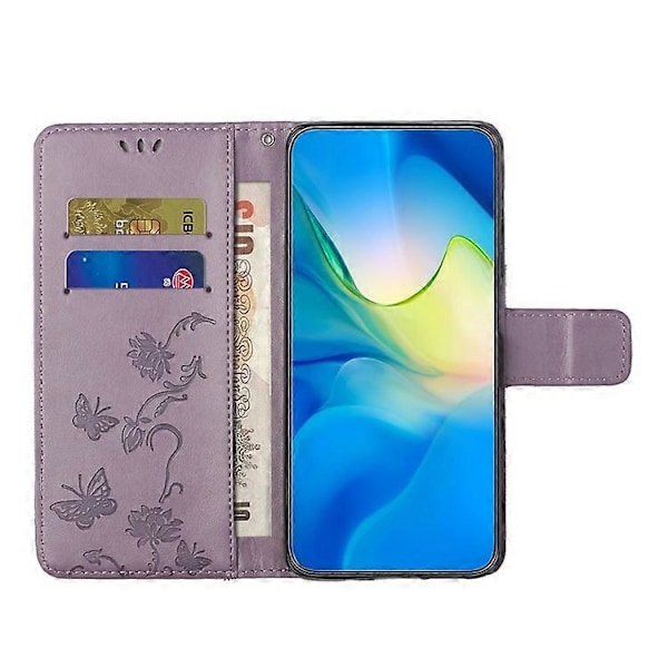Kompatibelt för Samsung Galaxy A24 Präglat Fjärilsblomma Mobilskal PU Läder Plånboksställ Telefonskydd med Rem Purple