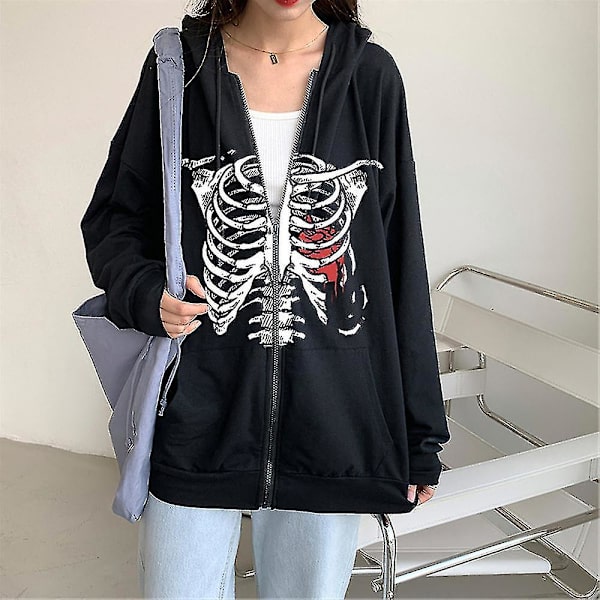 Halloween Kvinnor Skull Bone Hoodie Sweatshirt Kappa Halloween Zipper Hooded Jacket 2XL