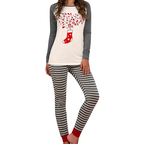 Naisten set Joulukuvioidut pitkähihaiset Topit Printed housut Pyjamat Lounge Wear Gray M
