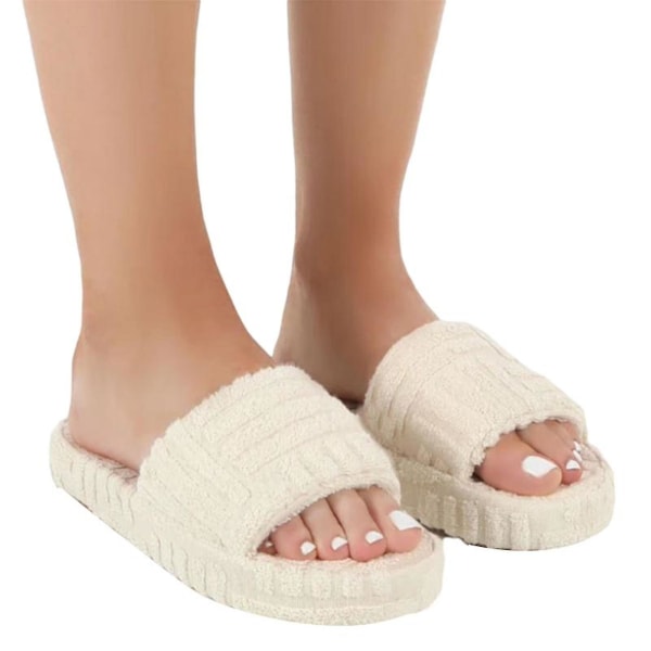 Terry Toweling Slider Slider Tofflor För Kvinnor Flickor Slip-on plysch Skor Hushåll Vinter Supply White 40