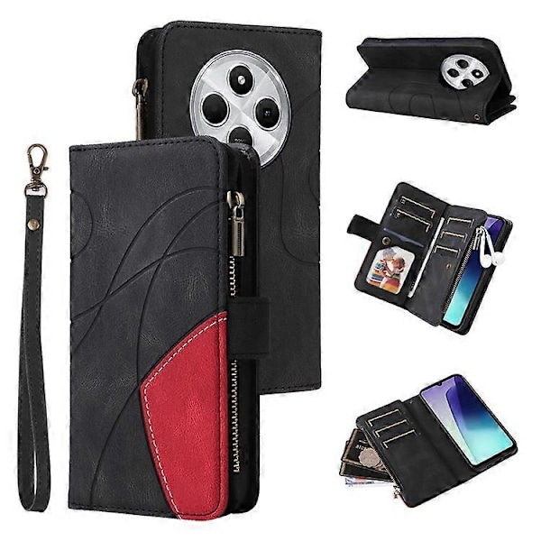 Kompatibel til Xiaomi Redmi 14C 4G Etui Lynlås Pung Læder Telefon Cover Stativ Black