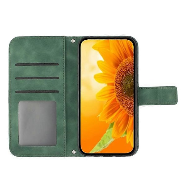 Yhteensopiva Samsung Galaxy M53 5G HT04 -puhelinmallille, ihon tuntuinen PU-nahkainen suojakuori, painettu auringonkukka, jalustallinen lompakkokotelo DarkGreen