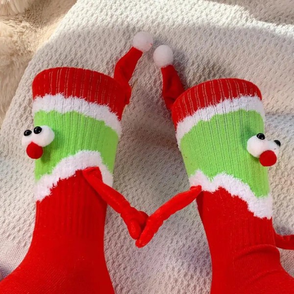 Jul magnetsug hand i hand strumpor röda unisex håller hand långa strumpor Flickor Harajuku söta par bomullssocka Red