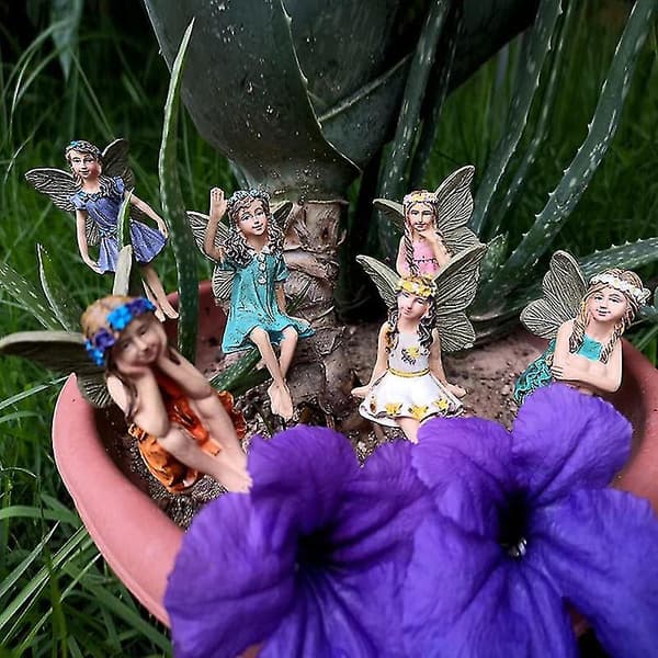 Set med 6 Miniälvor - Trädgårdsprydnader Utomhus Dekor Staty Tillbehör