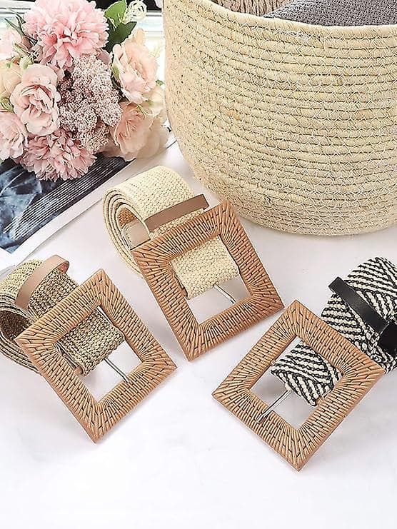 3 stycken halmvävda bälten elastiska stretchbälten boho midjebälte smalt klänningsflätat bälte träspänne