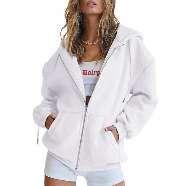 Kvinnor Vanlig Casual Huvjacka Långärmad Full Zip Dragsko Hoodies Coat White XL